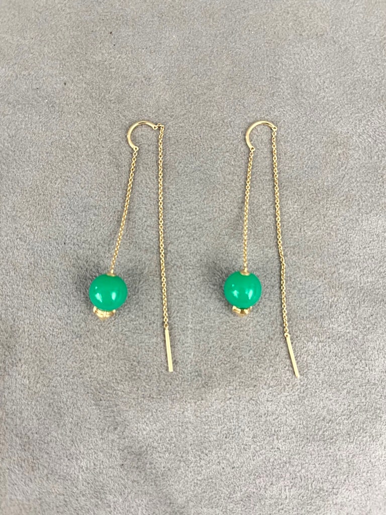 PAIR SIGNED PHILLIPS HOUSE 14K YELLOW GOLD AND GREEN CHALCEDONY DANGLE EARRINGS. (1 of 2)