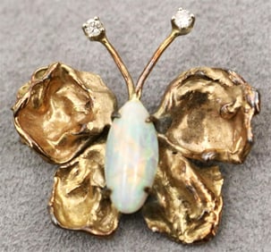 14K YELLOW GOLD, PRECIOUS WHITE OPAL AND DIAMOND BUTTERFLY PENDANT/NECKLACE ENHANCER. - L: 1 151/6