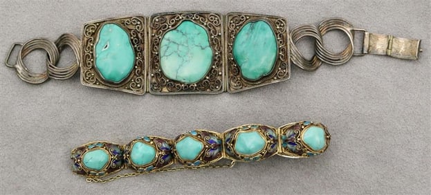 TWO VINTAGE CHINESE SILVER AND TURQUOISE FLEXIBLE PANEL-LINK BRACELETS,