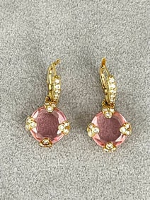 PAIR 18K (750) YELLOW GOLD, DIAMOND AND PINK STONE DANGLE EARRINGS.