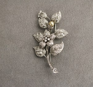 PLATINUM, DIAMOND AND CULTURED PEARL FLOWERING BRANCH DESIGN PIN,