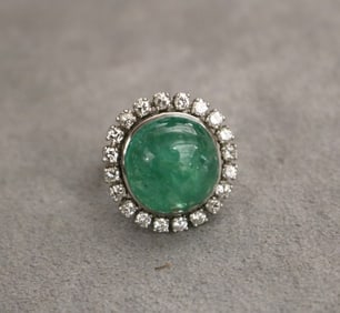 PLATINUM, DIAMOND AND EMERALD CABOCHON RING,