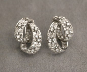 PAIR PLATINUM AND DIAMOND DOUBLE LOOP DESIGN POST/CLIP EARRINGS.