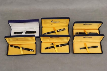 SIX WATERMAN (PARIS) WRITING INSTRUMENTS: THREE FOUNTAIN PENS, ROLLER BALL PEN, BALL POINT PEN, AND