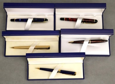 FIVE WATERMAN (PARIS) WRITING INSTRUMENTS IN DIFFERENT FINISH: TWO BALL POINT PENS, ONE ROLLER BALL