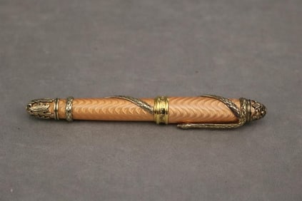 MICHEL PERCHIN PEACH GUILLOCHE ENAMEL STERLING SERPENT ROLLERBALL OR BALLPOINT PEN.