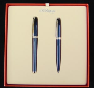 S. T. DUPONT IRIDESCENT BLUE FINISH ROLLER BALL AND BALL POINT PEN SET,