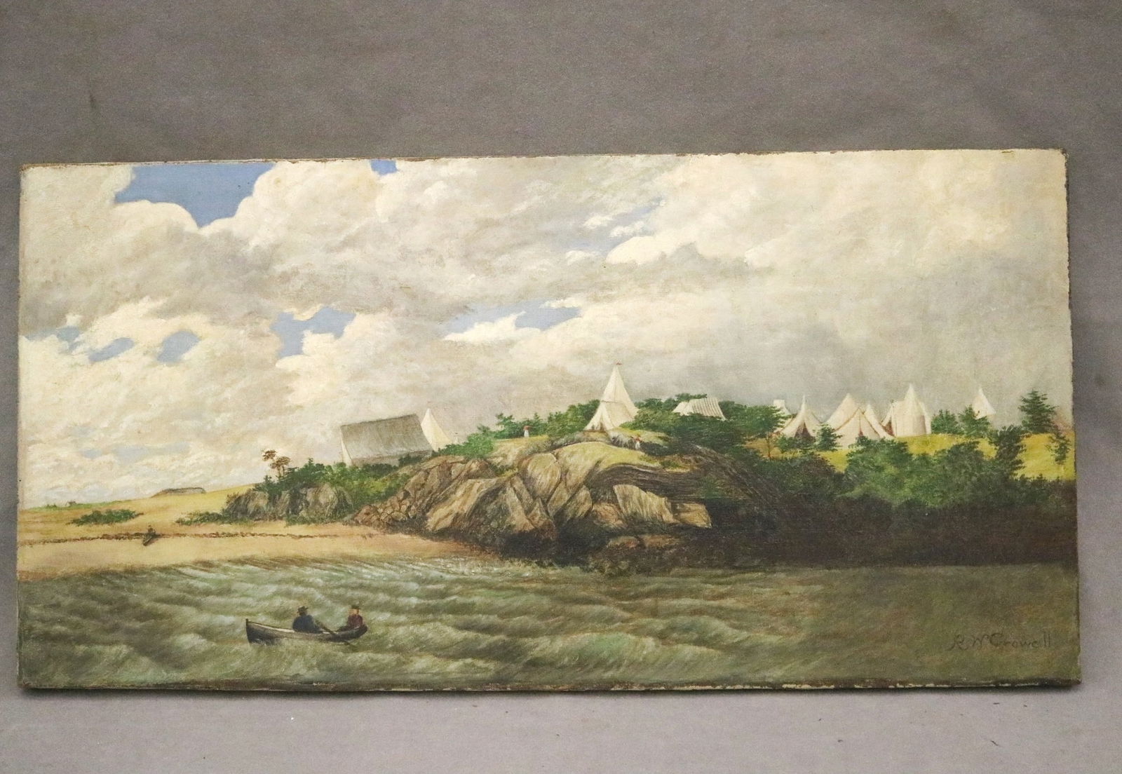 AMERICAN SCHOOL (20th century). Beach Scene with White Tents, Oil on canvas. Signed "R.W. Cowell" (1 of 13)