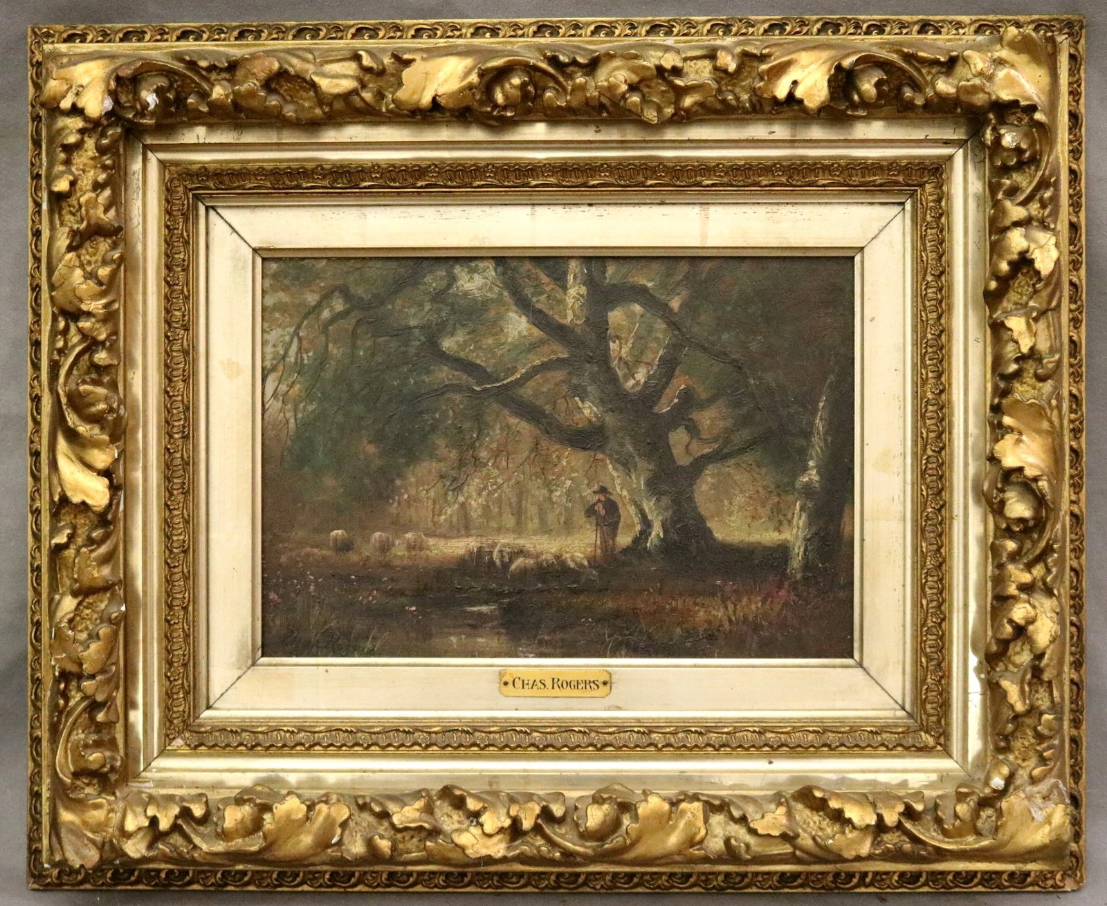 ATTRIBUTED TO CHARLES ALBERT ROGERS (American, 1848 - 1918). Pastoral Scene, Oil on canvas. Signed: ATTRIBUTED TO CHARLES ALBERT ROGERS (American, 1848 - 1918). Pastoral Scene, Oil on canvas. Signed "Chas Rogers" lower left hand corner. Framed. - 9 x 13 inches; frame: 18 x 22 inches