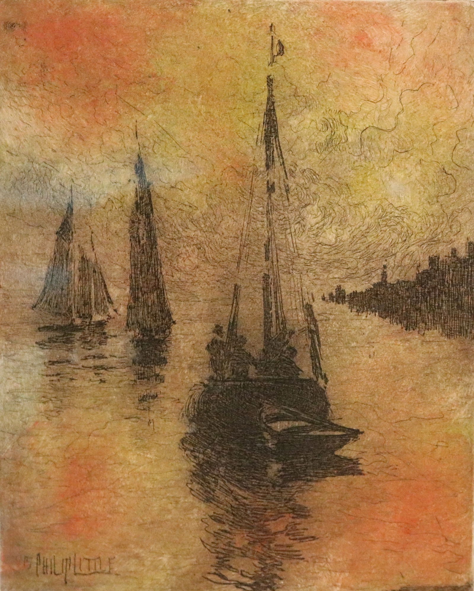 PHILIP LITTLE (American, 1857 - 1942). Sailboats by the Harbor, 1915, Etching with colors. Pencil (1 of 14)