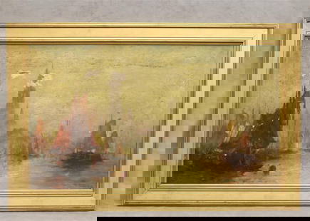 GEORGE BUNN (American 1885-1898). The River Scheldt and Antwerp, Belgium, 1889, (for restorartion).: GEORGE BUNN (American 1885-1898). The River Scheldt and Antwerp, Belgium, 1889, (for restorartion). Oil on canvas. Signed and dated lower right hand corner. Verso gallery with title. - 14 x 24 inches;