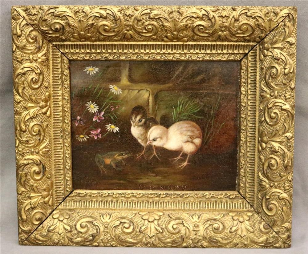 FOLLOWER OF FRANK PATON (British, 1856-1909). You're no chicken, Oil on canvas. Titled at base.: FOLLOWER OF FRANK PATON (British, 1856-1909). You're no chicken, Oil on canvas. Titled at base. Framed. - 8 x 10 inches; frame: 14 x 16 inches