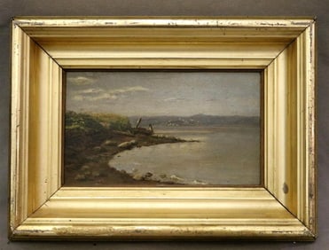 ITALIAN SCHOOL (19th century). Afternoon View from the Lake, Oil on board. Unsigned. Framed. .