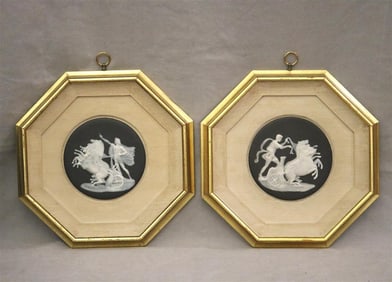 PAIR OF FRENCH CAMEO PATE-SUR PATE-LIMOGES PLAQUES,   - Diameter: 7.5 inches; frame: 16