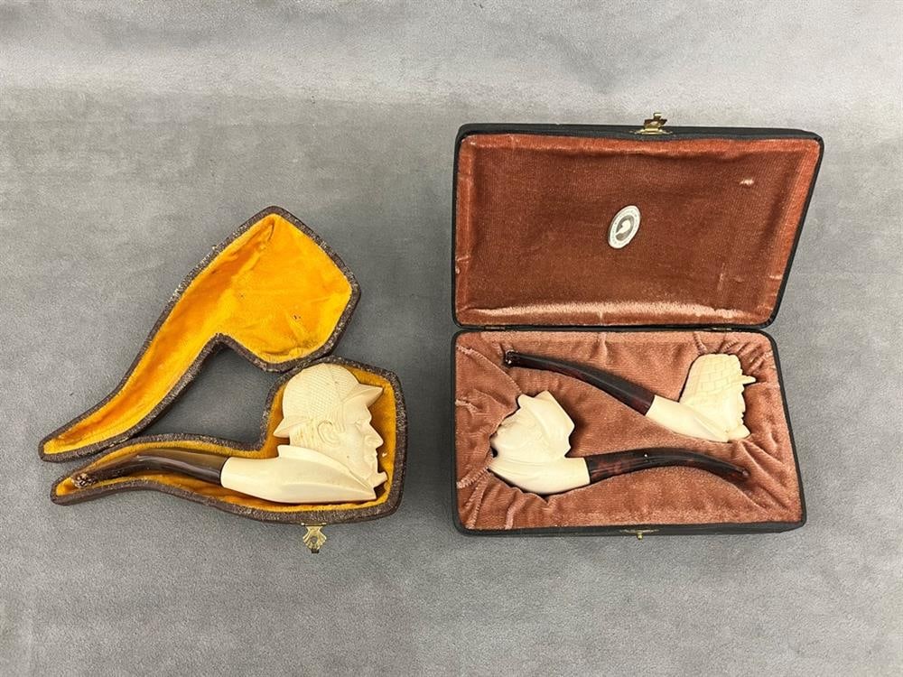 THREE MEERSCHAUM PIPES CARVED WITH BUSTS OF MEN WEARING HATS, - Largest, L: 6 1/2 in. (1 of 14)