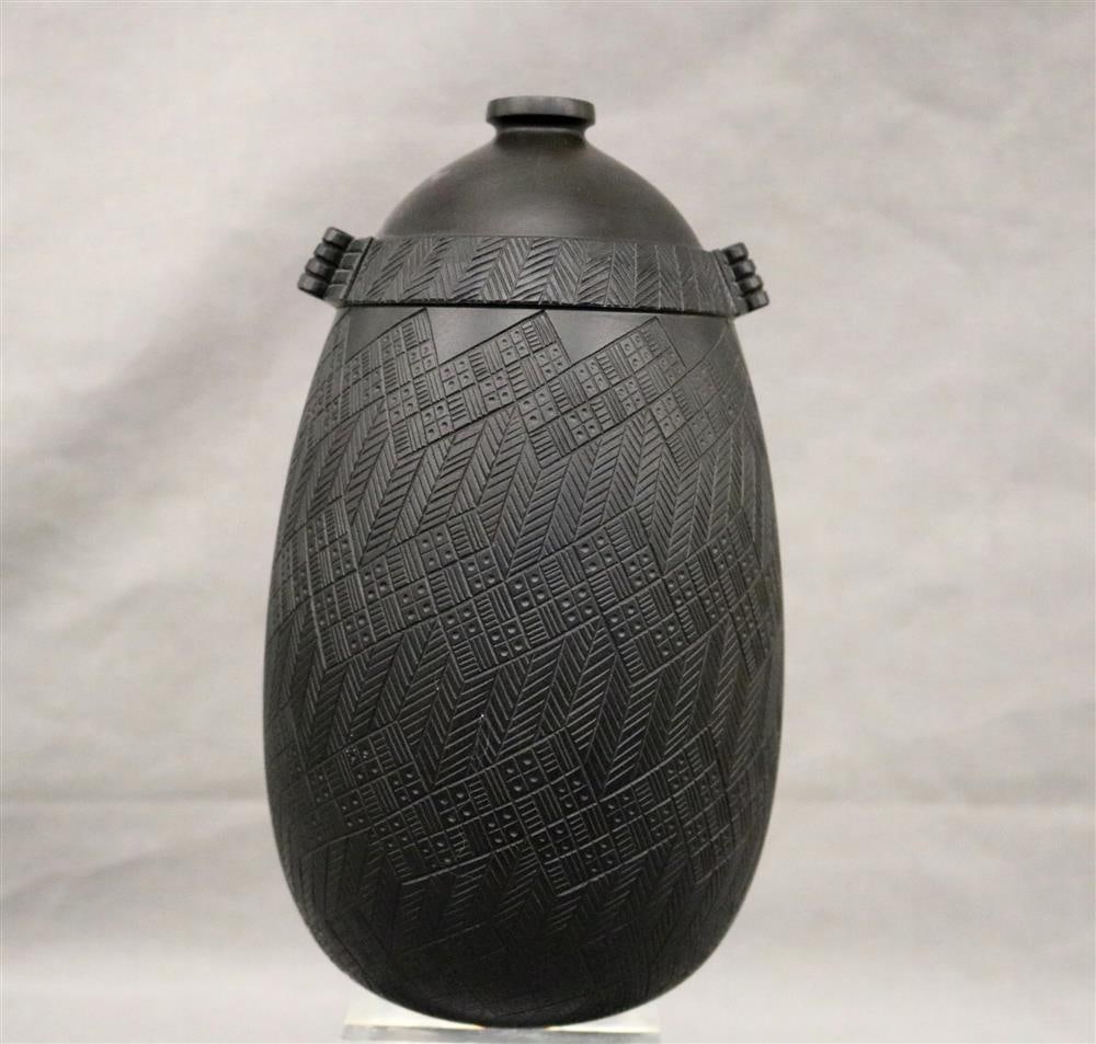 MARK GARDNER (American contemporary). "Black Vessel 108", Carved and incised wooden ovoid vase. (1 of 18)