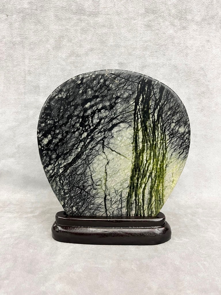 CHINESE LIGHT AND DARK GRAY SCHOLAR'S ROCK WITH PATTERN OF TREE BRANCH DECORATION, - H: 10 in., (1 of 5)