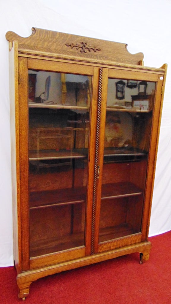 CARVED GOLDEN OAK, TWO-DOOR GLAZED CABINET. circa 1890-1900. - H: 65 in.; W: 38 1/2 in.; D: 12 in. (1 of 6)