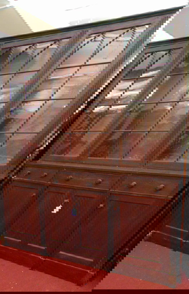 MID-19TH CENTURY AMERICAN MAHOGANY THREE-DRAWER BOOKCASE CABINET MADE IN HARTFORD, CT. - H: 89 1/2"; (1 of 8)