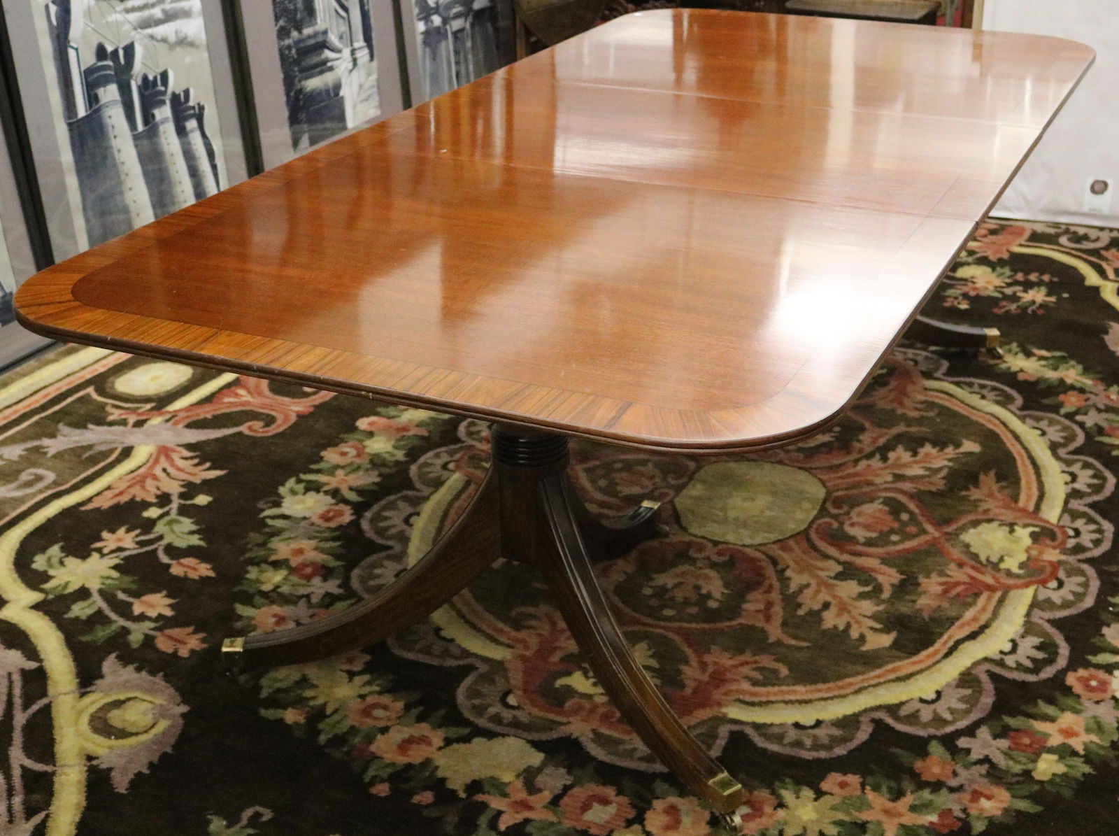 GEORGE III STYLE MAHOGANY DOUBLE-PEDESTAL BASE DINING TABLE WITH TWO EXTRA LEAVES. (1 of 15)