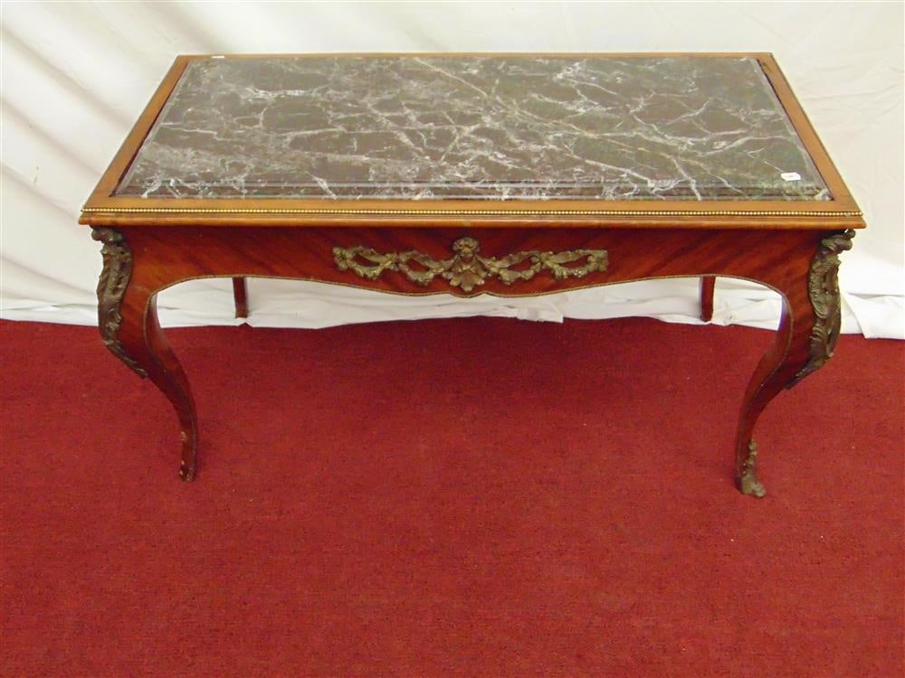 LOUIS XV-STYLE FRUITWOOD LOW TABLE WITH GILT BRASS MOUNTS AND INSET MARBLE TOP, early 20th century. (1 of 7)