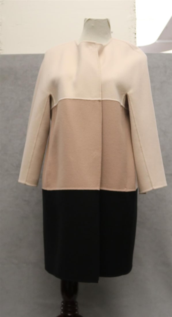 LADY'S MAX MARA STUDIO "CUCITA A MANO" WOOL COLORBLOCK COAT WITH COLLARLESS SNAP FRONT. Cream, beige: LADY'S MAX MARA STUDIO "CUCITA A MANO" WOOL COLORBLOCK COAT WITH COLLARLESS SNAP FRONT. Cream, beige and black.