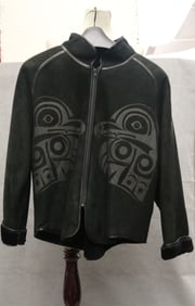 NATIVE AMERIAN ARTISAN-DESIGNER BETTY DAVID BLACK LEATHER JACKET WITH NORTHWEST COAST MOTIFS.