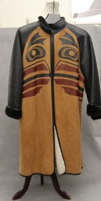 NATIVE AMERIAN ARTISAN-DESIGNER BETTY DAVID BEIGE LEATER COAT WITH NORTHWEST COAST MOTIFS