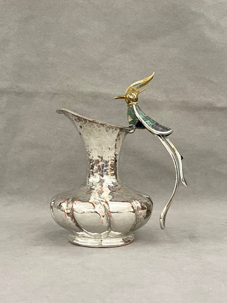 ARTISAN-CRAFTED MEXICAN SILVER-ON-COPPER SMALL EWER WITH MOSAIC-INLAID BIRD-FORM HANDLE, Made by (1 of 7)