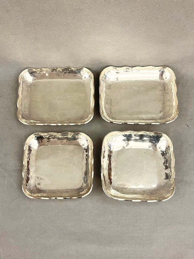 TWO PAIRS MEXICAN STERLING SILVER SERVING DISHES/CARD TRAYS WITH SERPENTINE EDGES, (1 of 2)
