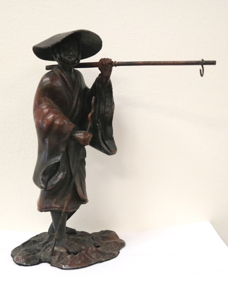 CHINESE BRONZE FIGURE CAST AS MAN WALKING WITH STICK, - H: 9 in. (1 of 20)