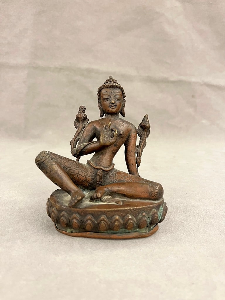 TIBETAN PATINATED BRONZE FIGURE CAST AS BUDDHIST GODDESS GREEN TARA. - H: 5 1/2 in. (1 of 6)