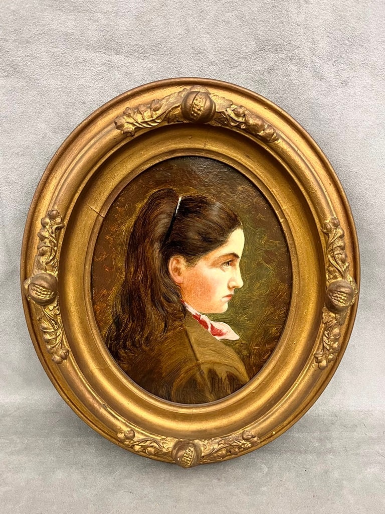 ADDISON THOMAS MILLAR (American, 1860-1913). STUDY OF GIRL'S HEAD, 1874, Oil on board. Signed lower: ADDISON THOMAS MILLAR (American, 1860-1913). STUDY OF GIRL'S HEAD, 1874, Oil on board. Signed lower right; also signed on reverse and dated 1874 - 9 7/8 in. x 7 7/8 in.