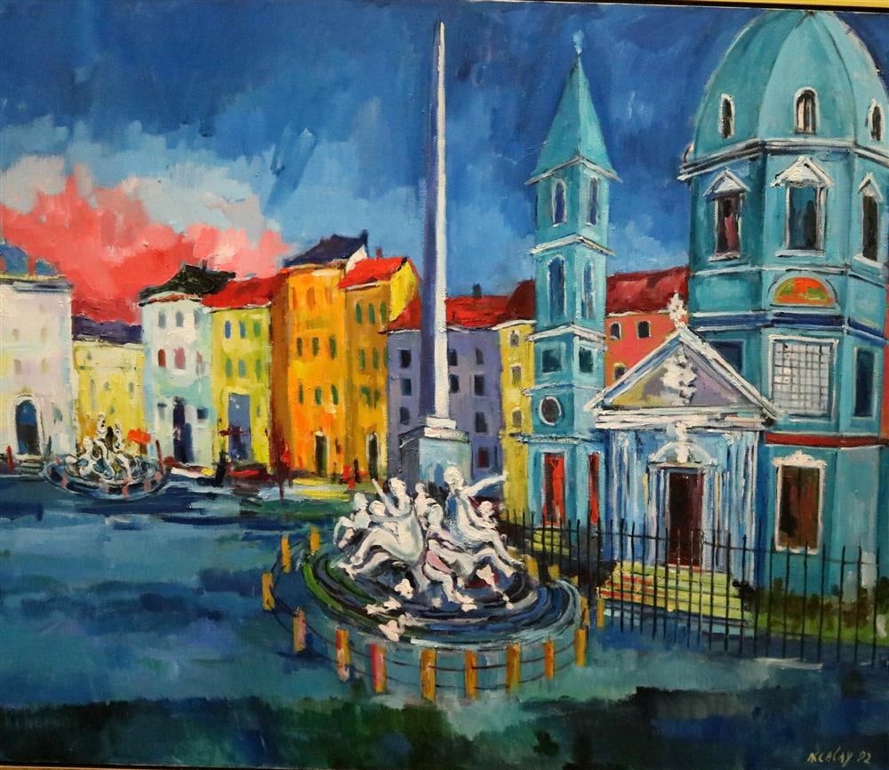 ALBERT ALCALAY (American, 1917 - 2008). Piazza Navona (Second Version), 1992, Oil on canvas. Signed: ALBERT ALCALAY (American, 1917 - 2008). Piazza Navona (Second Version), 1992, Oil on canvas. Signed and dated lower right hand corner. Verso signed, titled, and dated. - sight: 38 x 46 inches; frame: