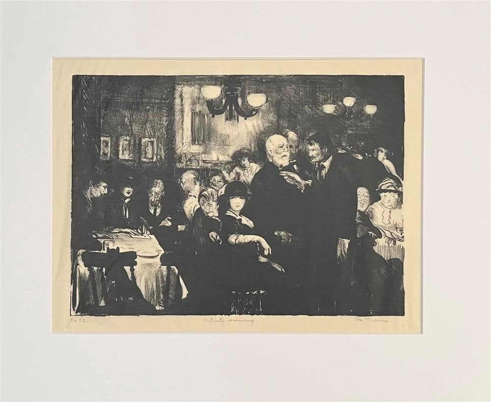 GEORGE WESLEY BELLOWS (American, 1882-1925). "Artist Evening", 1916, Signed, "Geo Bellows", and: GEORGE WESLEY BELLOWS (American, 1882-1925). "Artist Evening", 1916, Signed, "Geo Bellows", and noted "No. 42", in pencil lower margin. Black and white lithograph on paper. From an edition of 65. - 9"