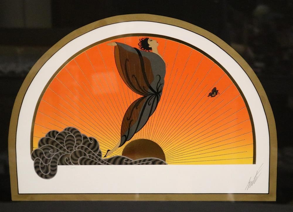 ERTE, ROMAIN DE TIRTOFF (Russian / French, 1892-1990). Sunrise, circa 1992, Limited edition: ERTE, ROMAIN DE TIRTOFF (Russian / French, 1892-1990). Sunrise, circa 1992, Limited edition lithographh on paper number 237 of an edition of 300. Pencil numbered and signed. Framed. not examined out o