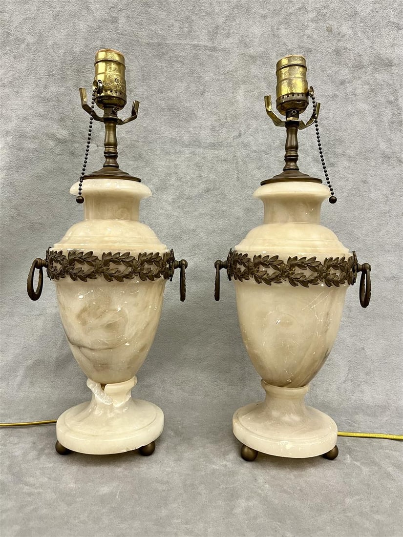 TWO ALABASTER URN-FORM TABLE LAMPS WITH NEOCLASSICAL BRASS MOUNTS, late 19th-early 20th century. - (1 of 8)