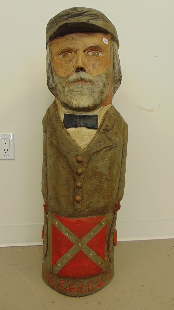 REVEREND FRANKLIN P. COLE (American, 1909-1997, active Maine). ROBERT E. LEE, 1971, Relief-carved: REVEREND FRANKLIN P. COLE (American, 1909-1997, active Maine). ROBERT E. LEE, 1971, Relief-carved and painted tree trunk folk art figure. Signed with incised signature and dated '71 - H: 36 in.