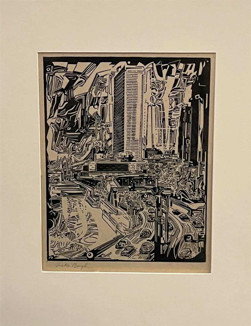 FISKE BOYD (American, 1895-1975). "Concept (United Nations Building)". 1951, Signed. Wood engraving. (1 of 10)