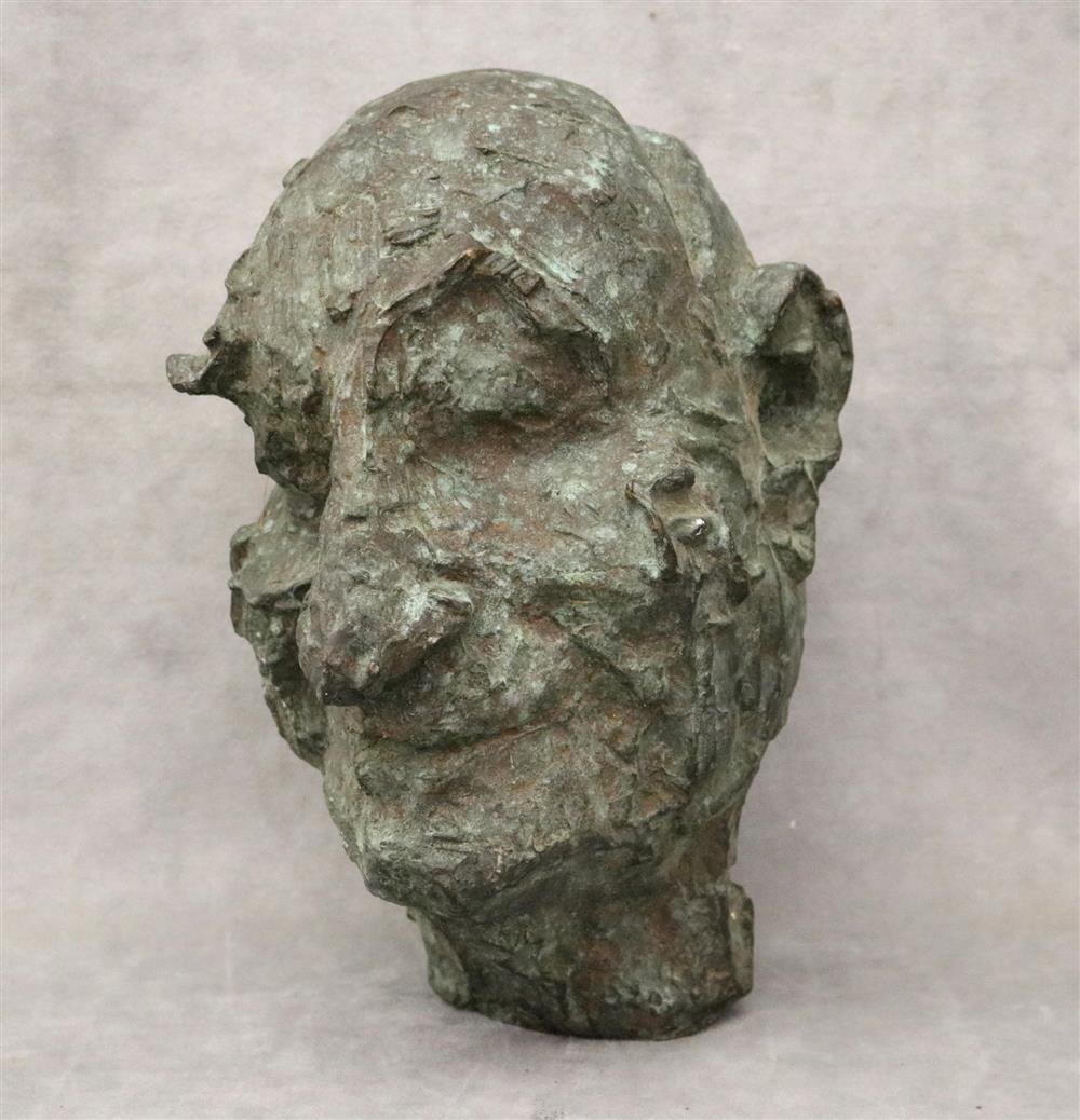 BRONZE BUST OF A MELANCHOLIC MAN, 20th century. - Height: 12 inches.: BRONZE BUST OF A MELANCHOLIC MAN, 20th century. Life-size patinated bronze bust of a man. Unsigned. Not mounted. - Height: 12 inches.