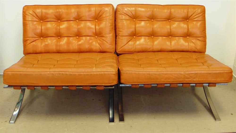 PAIR MEDIUM BROWN TUFTED LEATHER BARCELONA STYLE CHAIRS WITH CHROME FRAMES. (1 of 8)