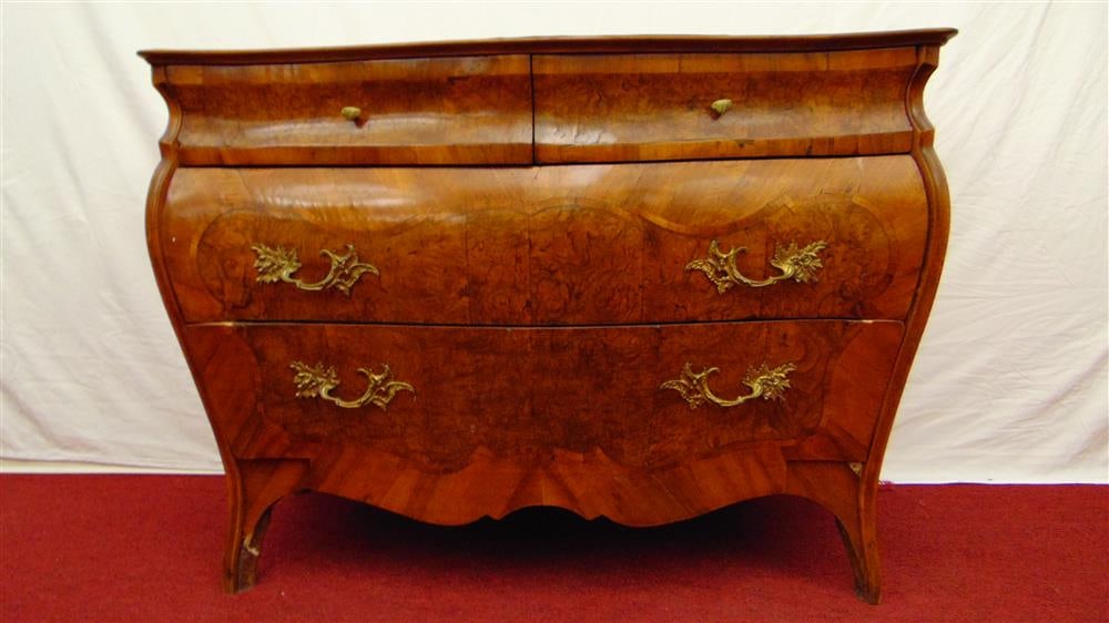 19TH CENTURY CONTINENTAL WALNUT AND BURL WALNUT FOUR-DRAWER, BOMBE COMMODE, - H: 33 1/4". W: 44 (1 of 9)
