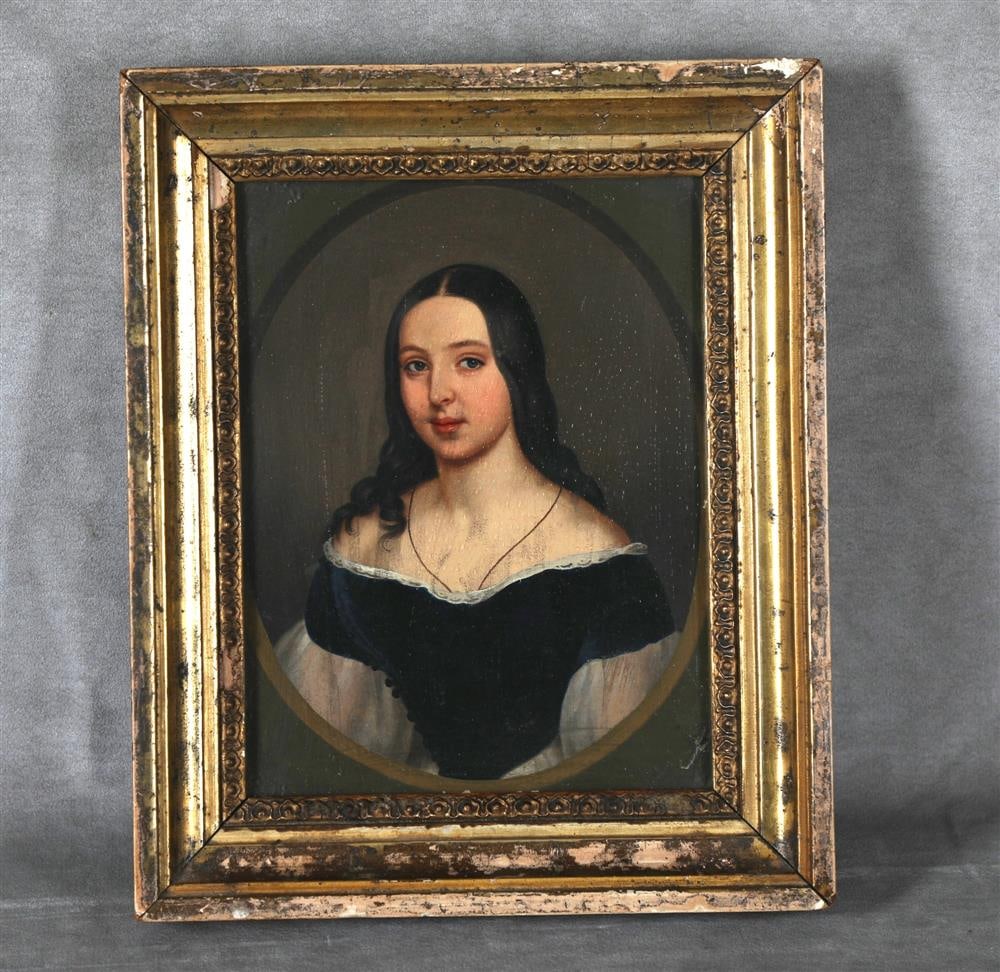 AMERICAN SCHOOL (Early 19th century). Portrait of a Young Lady wearing a Black Dress, Oil on board.: AMERICAN SCHOOL (Early 19th century). Portrait of a Young Lady wearing a Black Dress, Oil on board. Unsigned. Framed. Not examined out of frame. - Sight: 8 x 6 inches; Frame: 11 x 9 inches