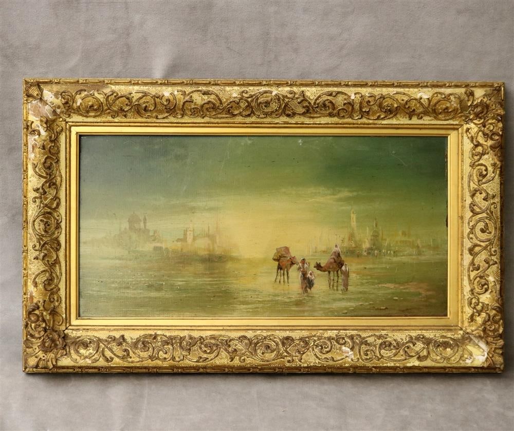 ENGLISH SCHOOL (19th century). Caravan Of Bedouins, Oil on board. Unsigned. Framed.: ENGLISH SCHOOL (19th century). Caravan Of Bedouins, Oil on board. Unsigned. Framed. - Sight: 8.75 x 17.75 inches; Frame: 14 x 23 inches