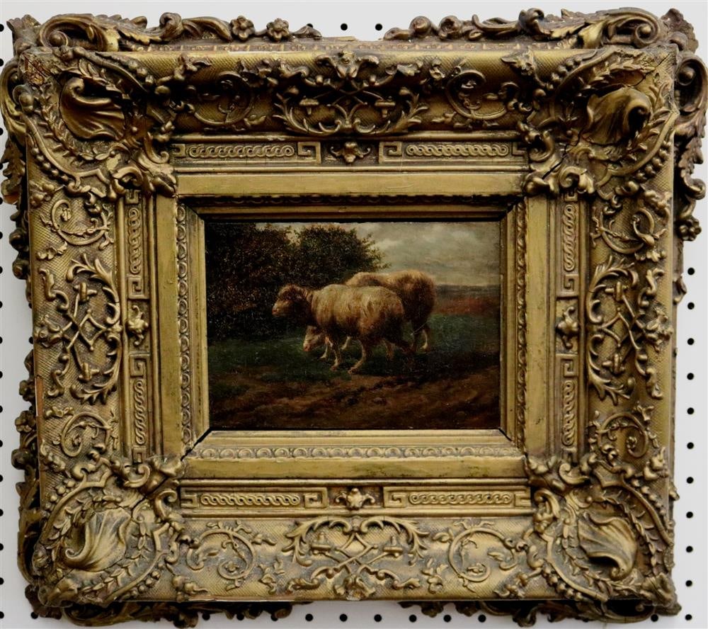 FRENCH SCHOOL (Late 19th Century). Grazing Sheep, Oil on board. Unsigned. Framed. (1 of 19)