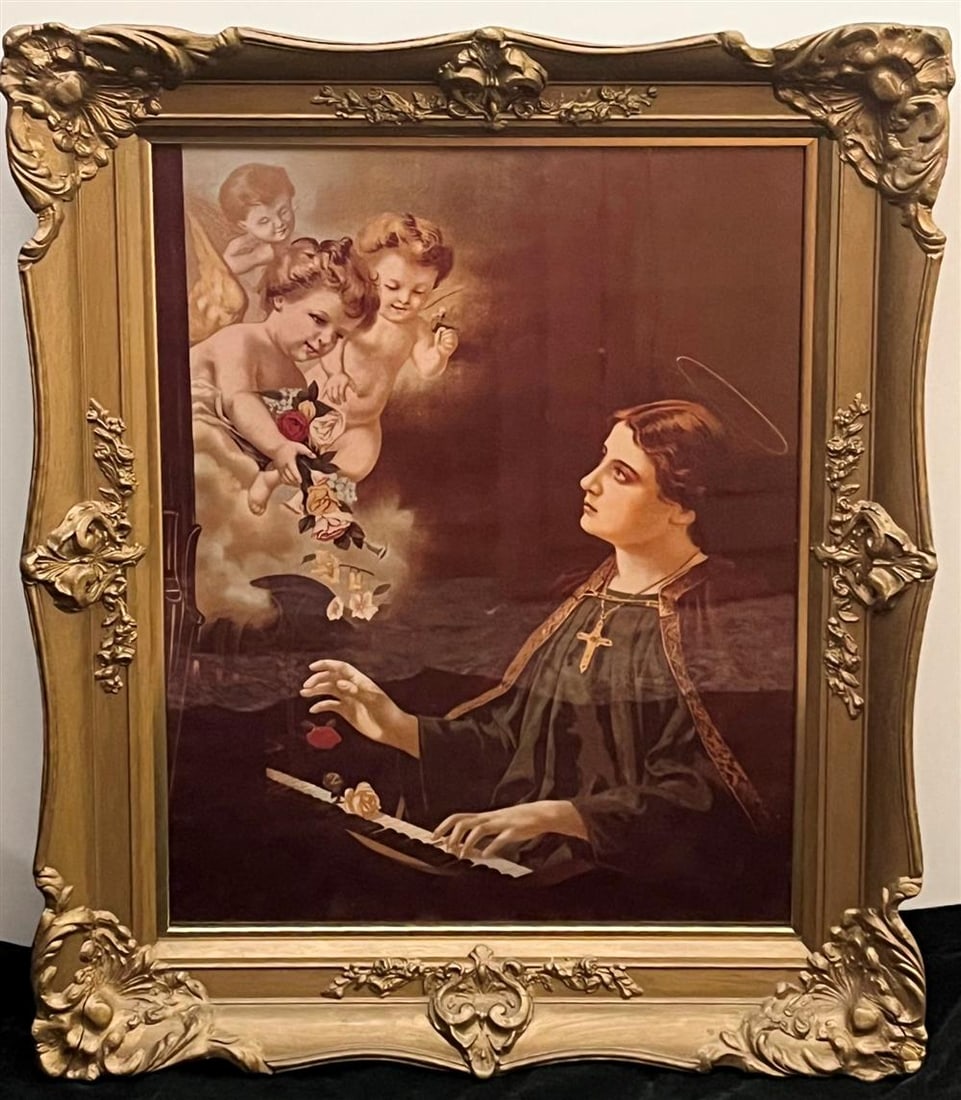 GUSTAV NAUJOK. (German, b. 1961). St. Cecilla Playing Organ, Antique photogravure.: GUSTAV NAUJOK. (German, b. 1961). St. Cecilla Playing Organ, Antique photogravure. - 16" x 19".