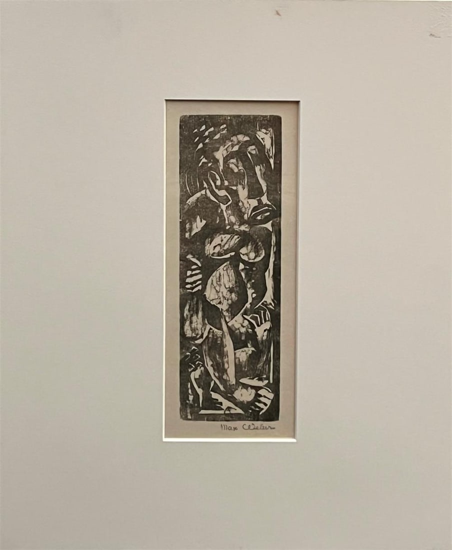 MAX WEBER (Russian/American, 1881-1961). "Primitive Figure (Primitive Man". 1921-1925, Signed in: MAX WEBER (Russian/American, 1881-1961). "Primitive Figure (Primitive Man". 1921-1925, Signed in pencil lower right margin. Black and white pine woodcut, relief print, on paper. - Sheet size, 12 &frac