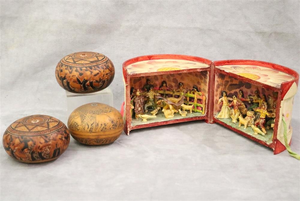 PERUVIAN RETABLO AND THREE CARVED GOURDS, 20th century. - Height ("retablo"): 5.5 inches; diameter: (1 of 20)