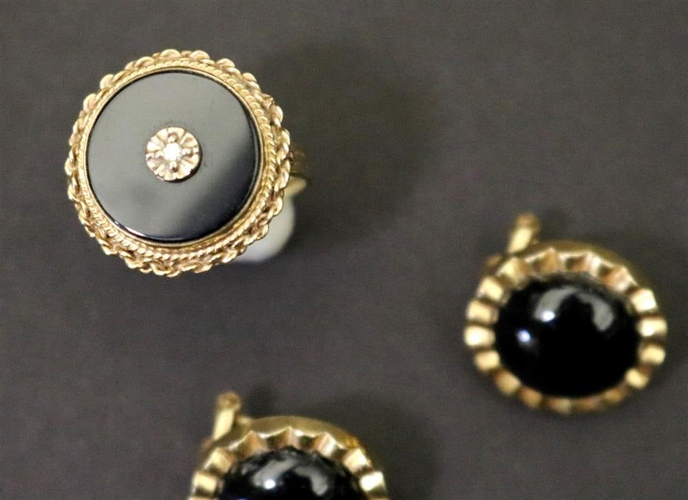 14K YELLOW GOLD, BLACK ONYX AND DIAMOND RING WITH PAIR COORDINATING BLACK ONYX LOW-DOME POST/CLIP (1 of 11)