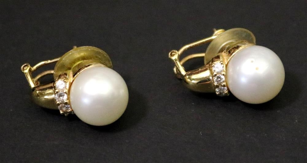 PAIR 18K YELLOW GOLD, DIAMOND AND CULTURED PEARL POST/CLIP EARRINGS, - L: 1. (1 of 11)